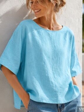 J Jill Pure Jill Womens Boxy Linen Aqua Blue Wide Neck Top Blouse, Size XL